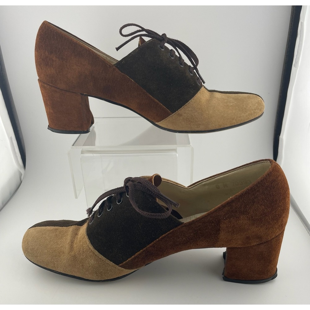 Vintage 60s Hush Puppies Colorblock Suede Mod Heels Lace Up Brown 8M pumps - Picture 2 of 16